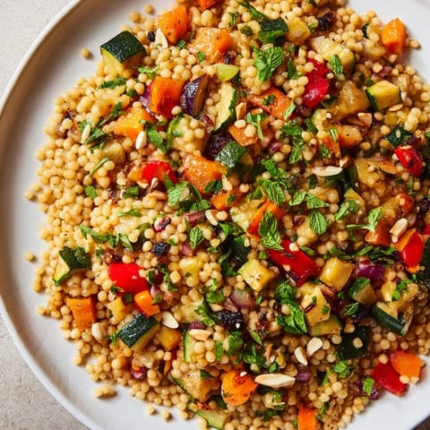 A colorful bowl of Moroccan couscous salad, featuring tender vegetables and a bright lemon dressing.