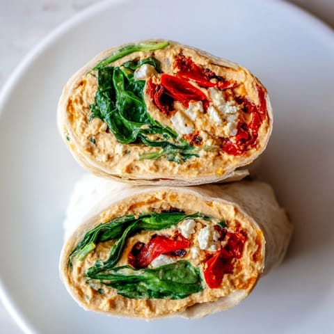 Colorful Mediterranean Veggie Wrap ingredients like spinach, tangy feta, and smoky roasted red peppers are neatly layered on a whole wheat tortilla before rolling.