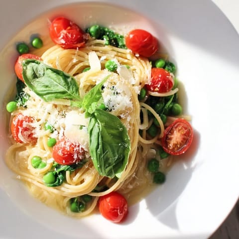 This overhead view captures Spring Veggie One-Pot Spaghetti in a ceramic pot, highlighting the tender vegetables and glistening sauce for an easy weeknight dinner.  