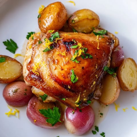 Golden chicken thighs paired with sweet roasted radishes and potatoes on a sheet pan, finished with bright lemon and fresh parsley.