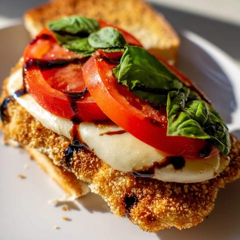 A close view of the Crispy Chicken Caprese Sandwich shows juicy tomato slices and fresh basil leaves on crunchy ciabatta.