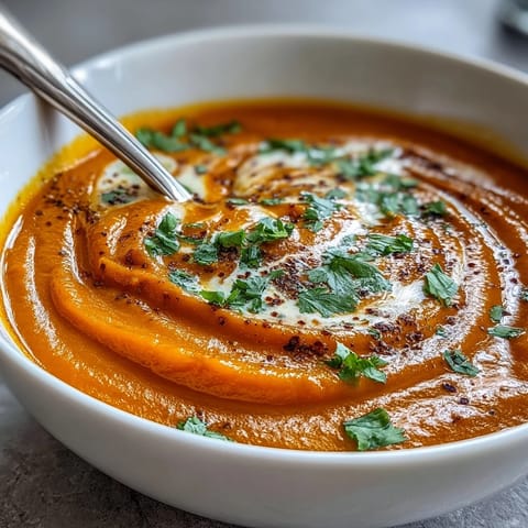 A steaming bowl of Carrot Ginger Soup, garnished with fresh cilantro and a swirl of coconut cream, ready to serve.
