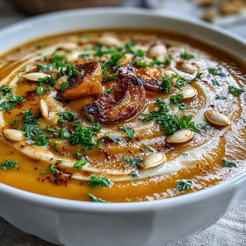 Silky smooth Butternut Squash and Apple Soup in a white ceramic bowl, topped with fresh parsley and a sprinkle of nutmeg.