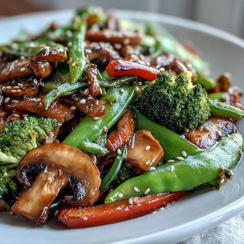 Steam rises from a wok filled with crisp Ginger Stir-Fried Vegetables, featuring tender onions, mushrooms, and bell peppers tossed in a savory aromatic sauce.