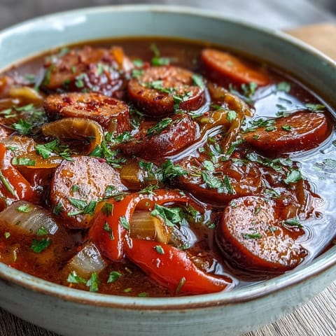 A hearty bowl of Crock Pot BBQ Cocktail Sausage Soup served alongside crusty bread for dipping.
