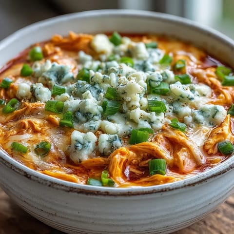 Crock Pot Buffalo Chicken Dip Soup served in a rustic mug, topped with green onions and blue cheese crumbles for a flavorful garnish.  