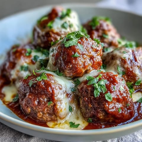 A white bowl holds Cheesy, Garlicky Meatballs With Marinara next to twirled pasta and garlic bread.
