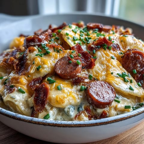 Sliced smoky kielbasa and pierogi layered in a cheesy Crockpot Pierogi Casserole With Kielbasa.
