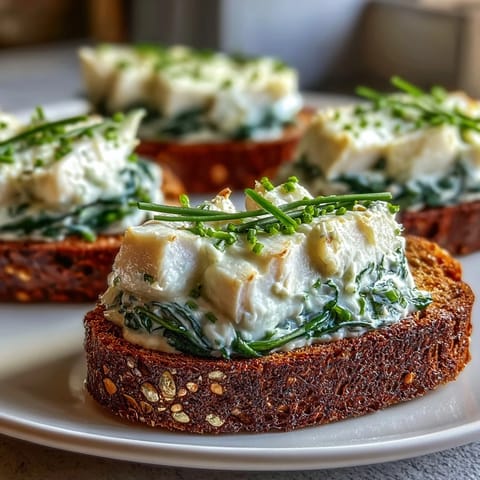 Smoked haddock and spinach rye toasts served warm with fresh chives and lemon wedges on a rustic wooden table.