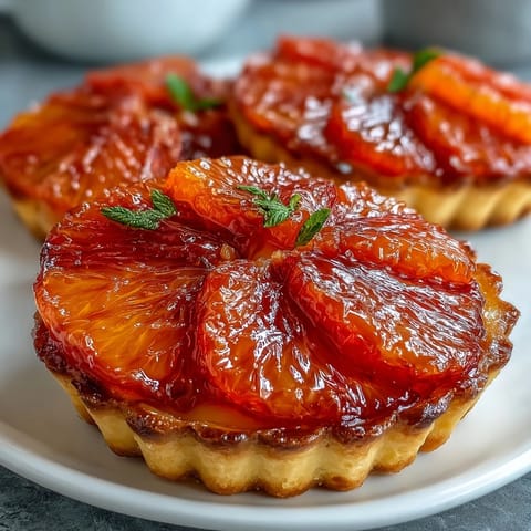 Freshly baked Blood Orange Tarts feature juicy orange slices and a glossy honey glaze on a rustic wooden board.