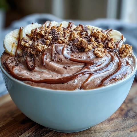 Creamy Chocolate Peanut Butter Smoothie Bowl topped with sliced bananas, granola, and chocolate chips, ready to enjoy.