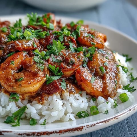 Spicy Classic New Orleans Étouffée served hot with parsley and green onions, ready for dinner.