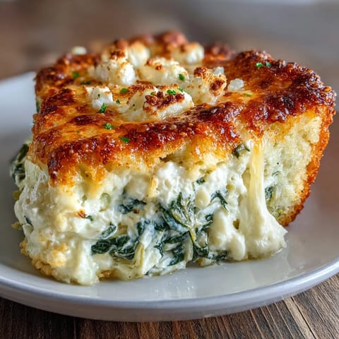 Golden-brown High Protein Spinach Artichoke Bake bubbling with creamy cottage cheese and feta.