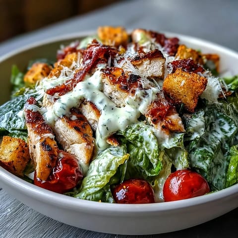 Overhead view of a Romaine Caesar Bowl topped with crunchy croutons, cherry tomatoes, and creamy dressing.  