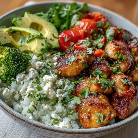 Golden-brown seasoned chicken and vibrant red bell peppers sit atop a bed of fluffy cauliflower rice in this Cauliflower Rice Bowl, garnished with fresh cilantro.