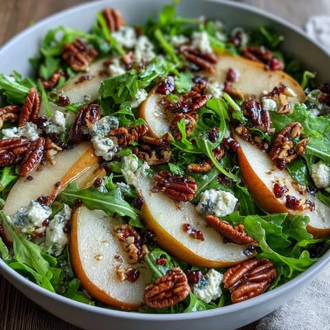 Vibrant green arugula and sweet pear slices topped with crumbled cheese and crunchy nuts in a rustic salad bowl.