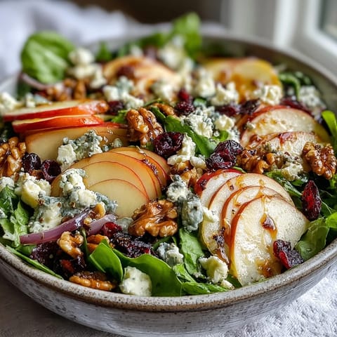 Fresh Mixed Greens and Apple Bowl with crisp apple slices, crunchy walnuts, and creamy goat cheese, tossed in a tangy cider vinaigrette.  