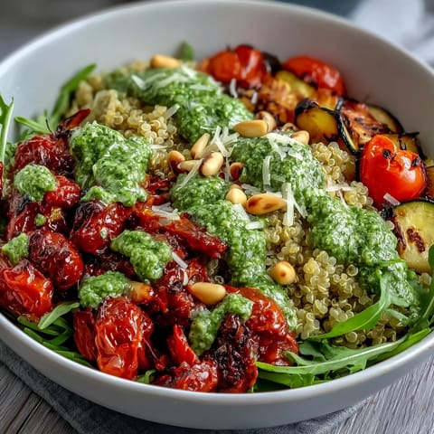 Vibrant bowl of quinoa and roasted vegetables tossed in homemade arugula pesto, garnished with Parmesan.