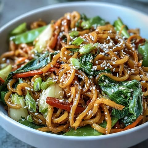 A close-up of a vibrant Shirataki Noodle Bowl with crisp Asian vegetables like bok choy and snow peas tossed in a glistening ginger sauce.