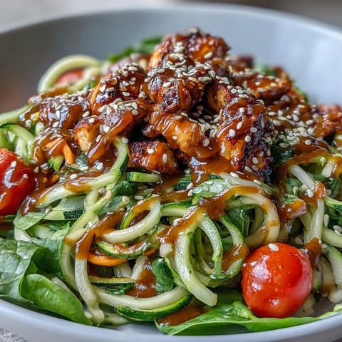 Vibrant Spiralized Vegetable Bowl with spiralized zucchini noodles, grilled chicken, and a creamy tahini drizzle.
