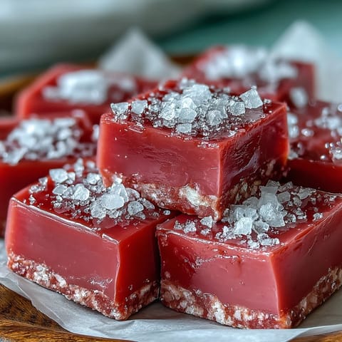 Homemade guava cheese fudge squares are arranged neatly on a white plate with visible buttery texture and a soft sheen. The tropical Indian sweet treat looks delicious.