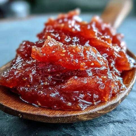 Scooping vibrant guava preserves onto toast, revealing a luscious, tropical spread with tender fruit pieces.