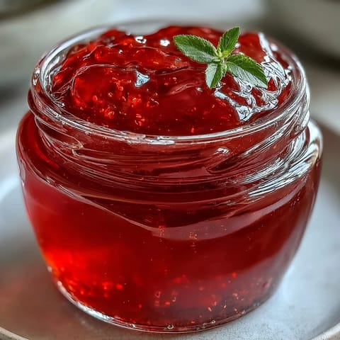 Vibrant, jewel-toned Guava Jelly in a glass jar, its glossy, pinkish-red hue glowing against a rustic wood table, a delicate spoonful ready to be spread on toast or swirled into yogurt. 