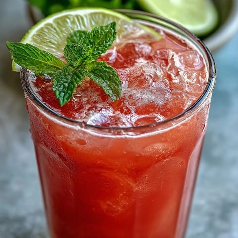 Chilled Guava Nectar Drink in a tall glass, filled with ice cubes and garnished with a fresh lime wedge and mint leaves. 