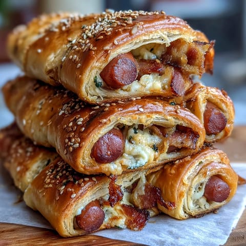 Golden puff pastry pigs in a blanket arranged around a bowl of tangy honey mustard dip for game day snacking.