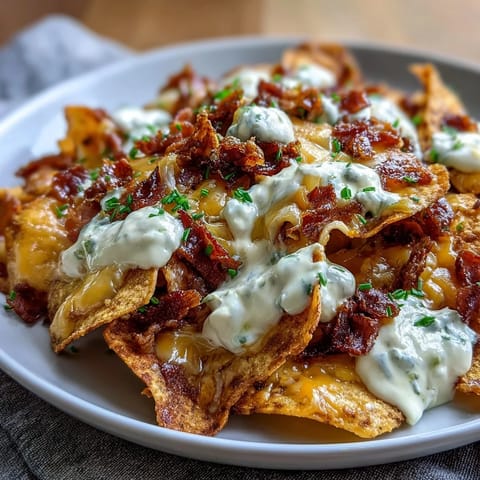 Crispy tortilla chips loaded with savory beef, jalapeños, and cheese sauce, perfect for game day snacking.  