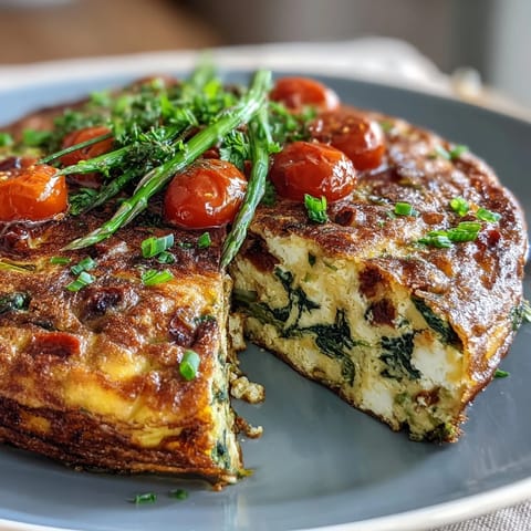 Healthy Easy Spring Veggie Frittata with asparagus, spinach, and feta, baked until golden and fluffy, perfect for a wholesome brunch.
