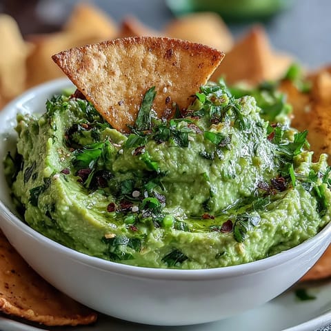 Vibrant green edamame guacamole paired with homemade whole wheat pita chips, perfect for dipping.  