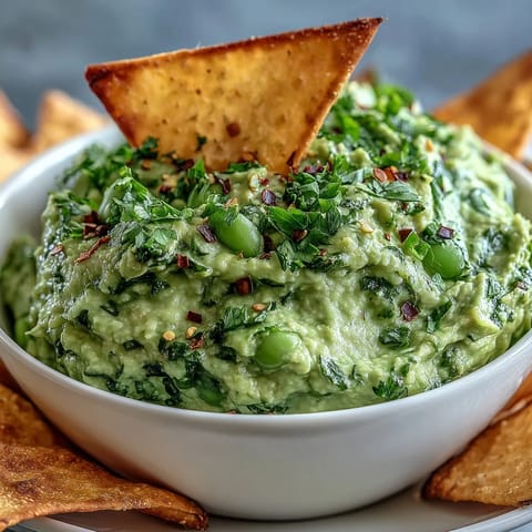 Creamy edamame guacamole served with crisp, golden pita chips for a fresh and healthy snack.  