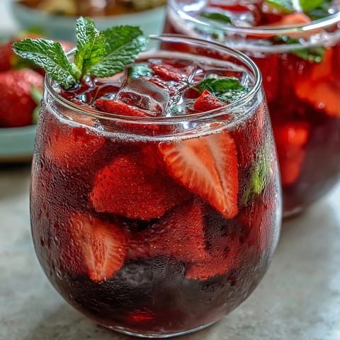 Refreshing homemade strawberry açaí refresher with vibrant red berries and ice, perfect for a hot summer day.