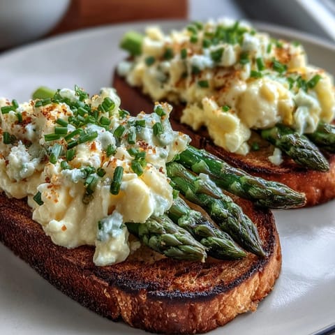 Fresh asparagus and creamy eggs atop rustic bread, a vibrant tartine perfect for spring brunch.