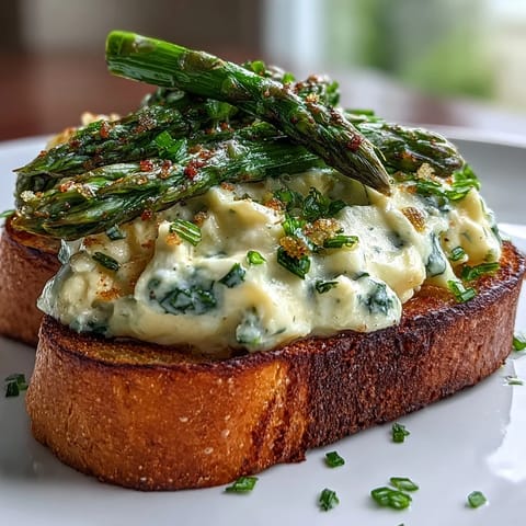 Crisp asparagus spears and softly scrambled eggs on toasted sourdough, garnished with chives and lemon zest.