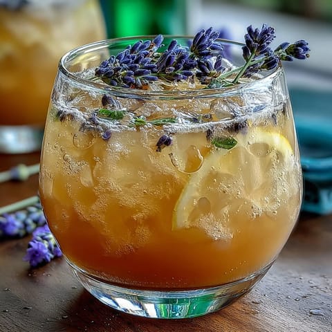 A tall glass of lavender lemonade spritz with sparkling wine, garnished with lemon slices and lavender sprigs.