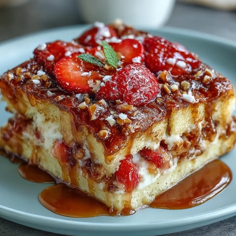 A golden Spring Brunch Strawberry French Toast Bake with juicy strawberries and a buttery almond topping, baked until perfectly golden and bubbling.
