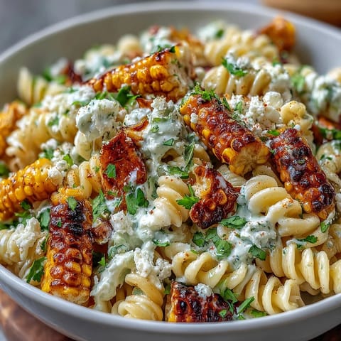 Vibrant Elote Pasta Salad with Cotija, chili, and lime, showcasing charred corn, creamy cheese, and zesty dressing on a rustic platter.