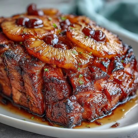 Honey glazed ham with pineapple, golden and glistening, surrounded by juicy pineapple rings and cherries.