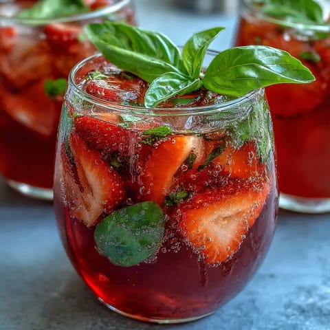 A vibrant pitcher of Strawberry Basil Sangria Mocktail with juicy strawberries, orange slices, and fragrant basil leaves, perfect for a refreshing drink.