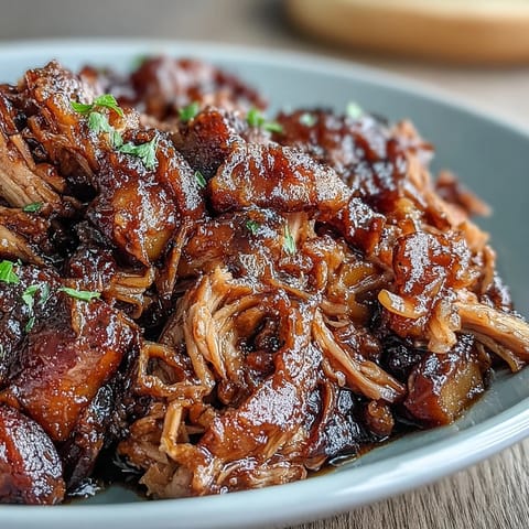 Juicy Honey Peach BBQ Pulled Pork slow-cooked to perfection in a crockpot, topped with sweet peaches and tangy sauce.  
