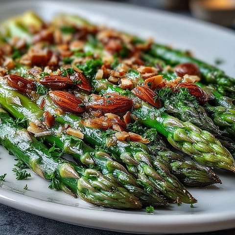 Asparagus spears glisten with golden lemon butter and crunchy toasted almonds in a vibrant spring side dish.