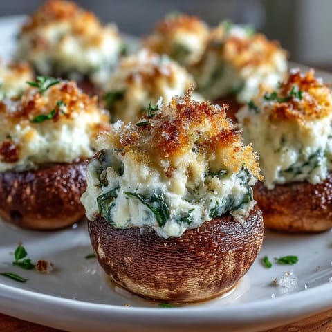 Golden baked spinach ricotta stuffed mushrooms, filled with creamy herbs.