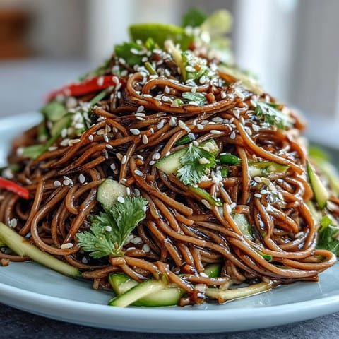Cold soba noodle salad with sesame ginger dressing, vibrant with crisp julienned vegetables and a tangy Asian-inspired sauce.