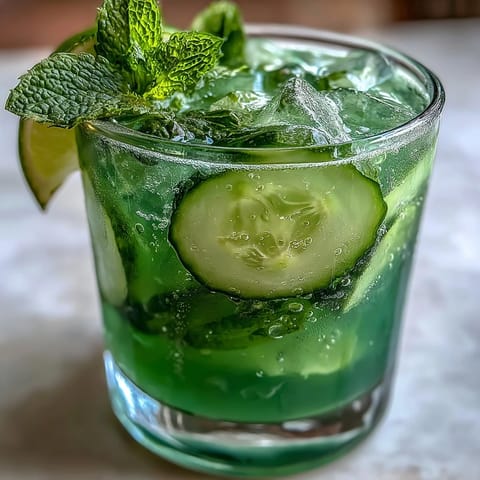 A tall glass of green detox cucumber mint agua fresca, garnished with cucumber slices and fresh mint sprigs, served over ice cubes.