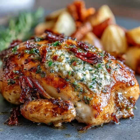 Golden roasted whole chicken, glistening with herb butter, served with roasted vegetables.