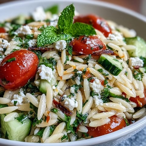 A colorful bowl of orzo salad with cucumber, feta, and lemon dressing, perfect for a light Mediterranean meal.  