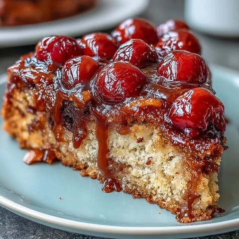 Cherry Almond Upside-Down Cake with caramelized cherries and almond notes, served on a rustic wooden board.  