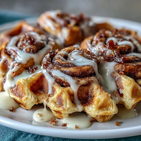 Golden Cinnamon Roll Waffles topped with generous, dripping vanilla cream cheese glaze.